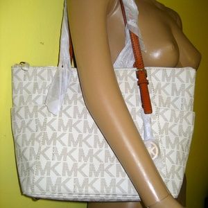 NEW Michael Kors  Original MK Vanilla Jet Set Logo Monogram handbag Tote